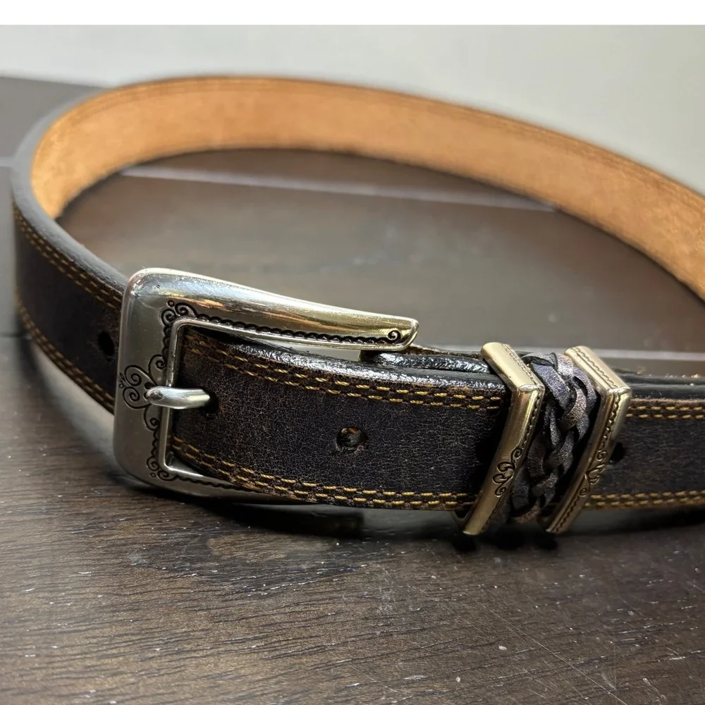 Brighton | Womens M 30 | Dark Gray Leather Western Belt Silver Engraved Buckle